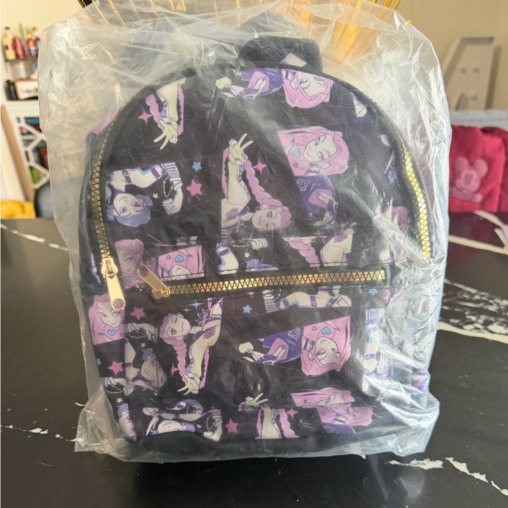 K pop demon hunter huntrix Mini Black Backpack with Purple & Pink Cartoon Print